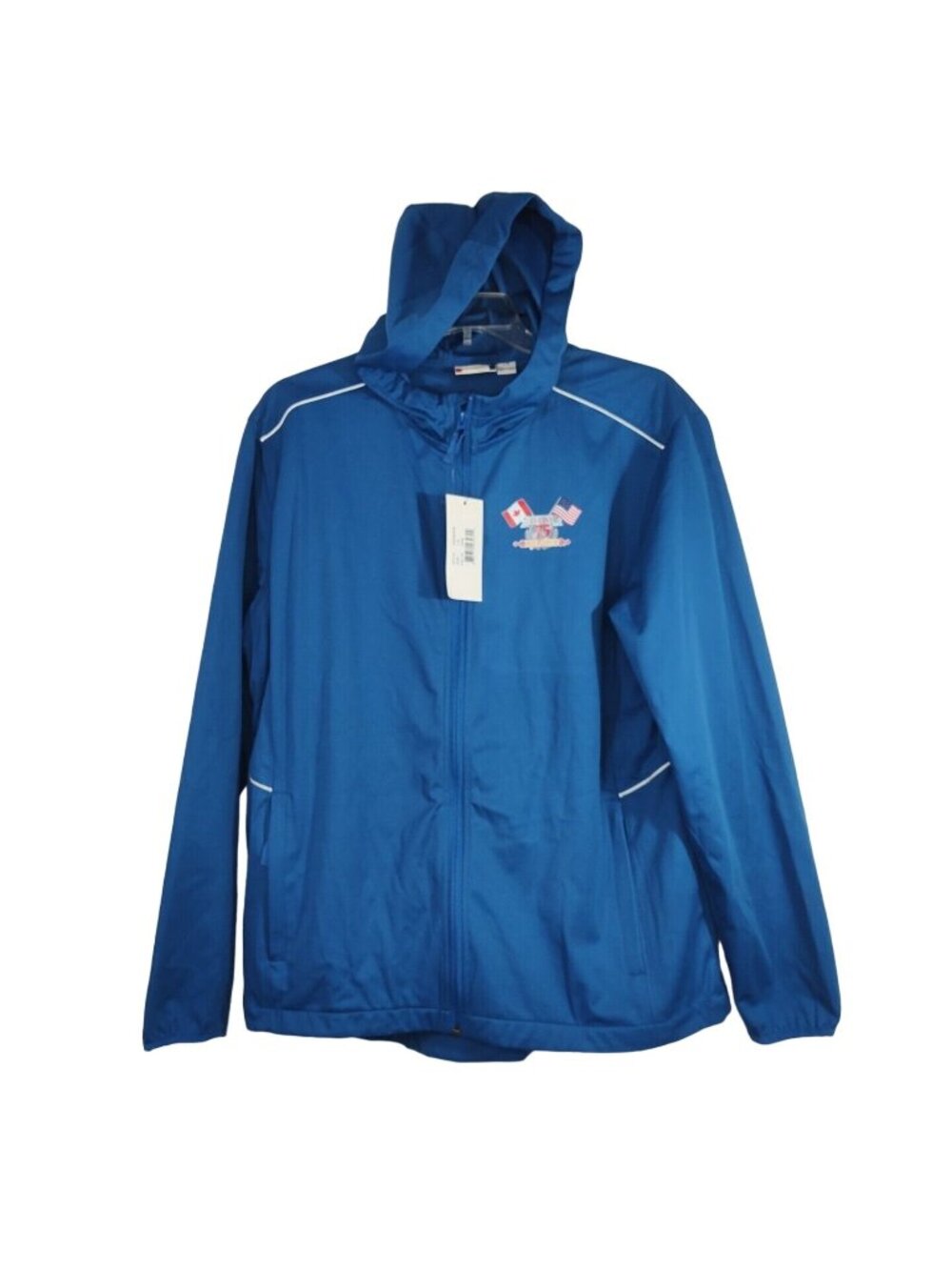 Clique Blue Full Zip Hooded Jacket Men Size L Pockets Explorica D-Day Logo NEW